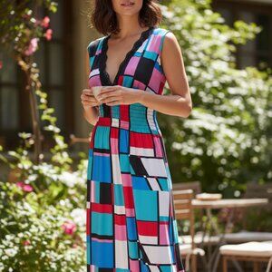 Julia Maxi Dress multicolor V Neck smocked waist sleeveless Silk Blend size M/L